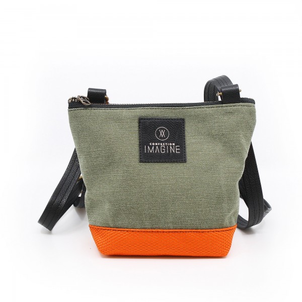 La Mini | Petit sac à main kaki et verso fleuri orange et vert